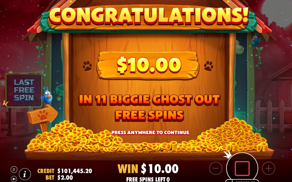 Win screen showing the payout on a winning payline